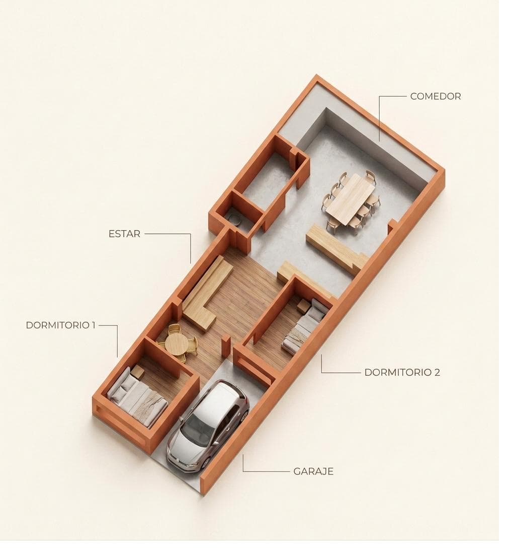 Distribución 3D de la vivienda: estar, comedor, dos dormitorios y aparcamiento cubierto