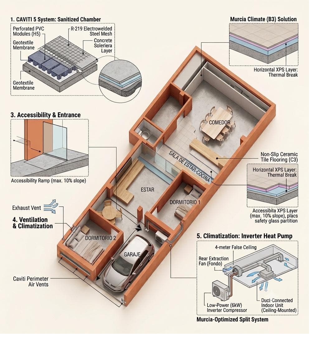 Detalles constructivos: sistema Caviti 5, aislamiento XPS, ventilación, accesibilidad y climatización